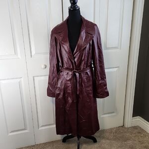 Vintage Grais Womens Burgandy Long Line Trench Coat SZ 14 Angel Skin Leather 70s